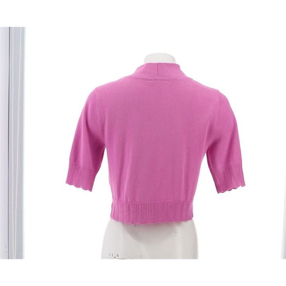 NWT ISAAC MIZRAHI SCALLOP TRIM OPEN FRONT CARDIGAN SWEATER AFRICAN ORCHID XXS - Picture 5 of 11